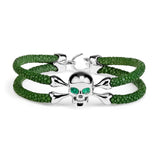 B430 Silver Skull with Emerald Eyes on Green Stingray | StingHD