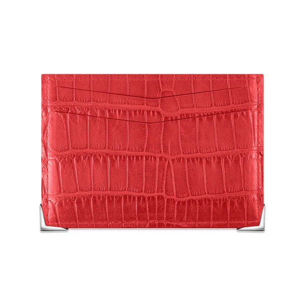 StingHD Red Crocodile Leather Card Holder with Silver Accents