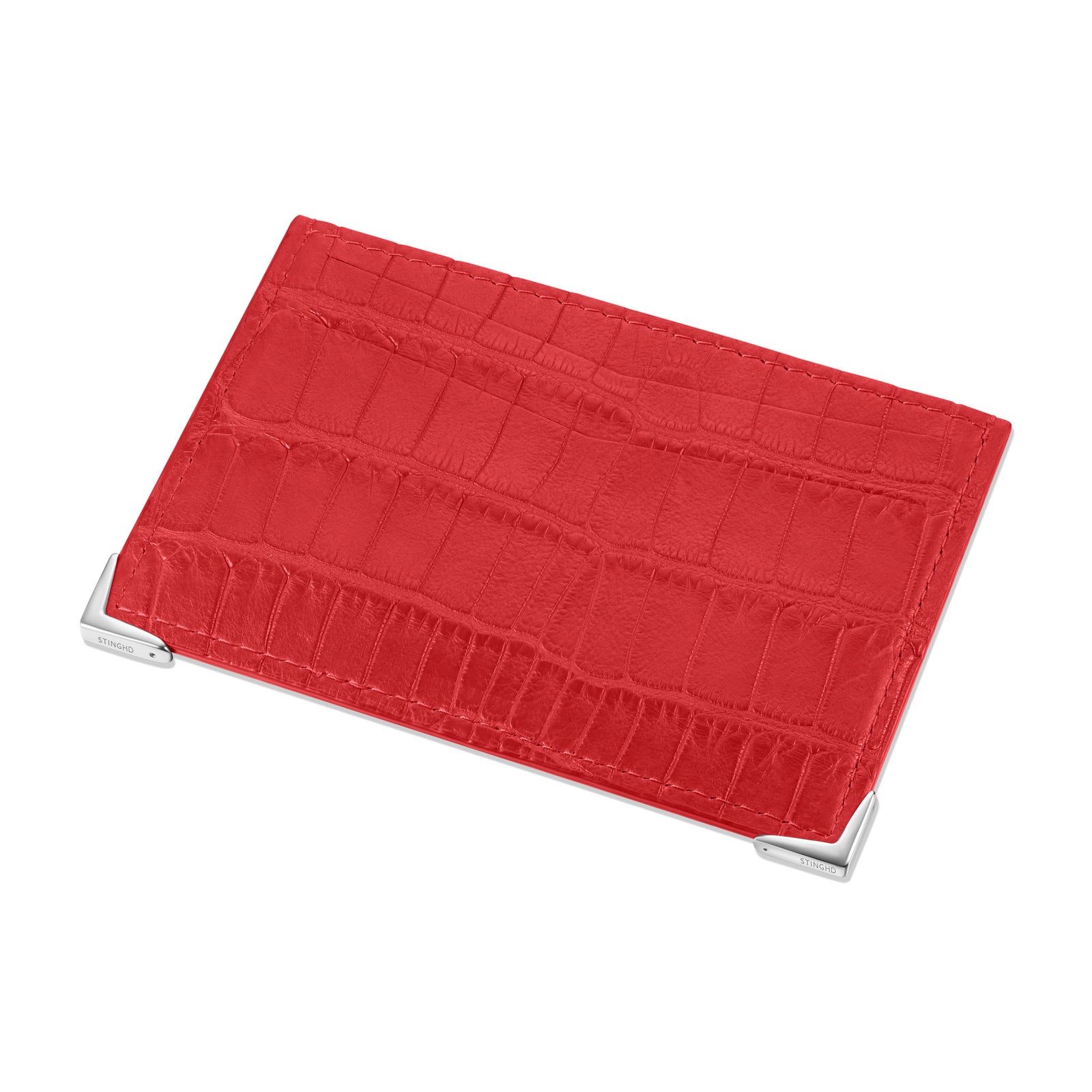 StingHD Red Crocodile Leather Card Holder with Silver Accents