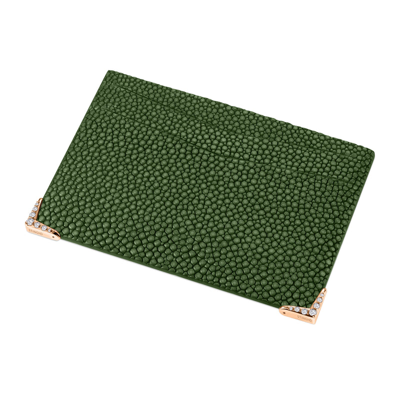 StingHD Lumière: Diamond-Encrusted Rose Gold & Green Stingray Leather Card Holder