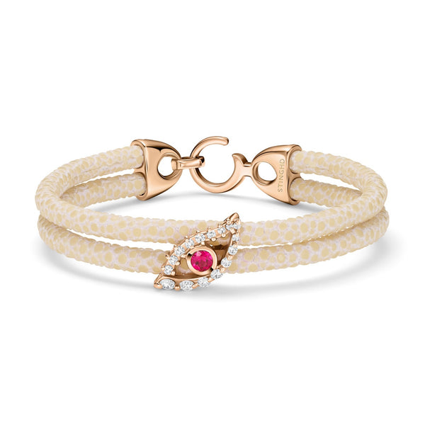 B487 StingHD Enchanted Rose Gold Evil Eye with Ruby and Diamonds on White Stingray