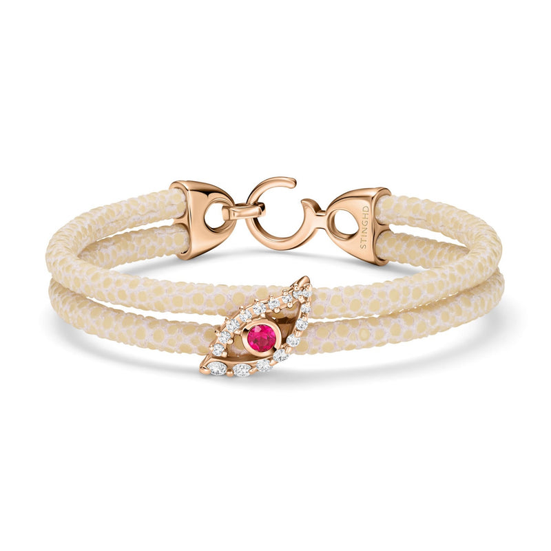 B487 StingHD Enchanted Rose Gold Evil Eye with Ruby and Diamonds on White Stingray