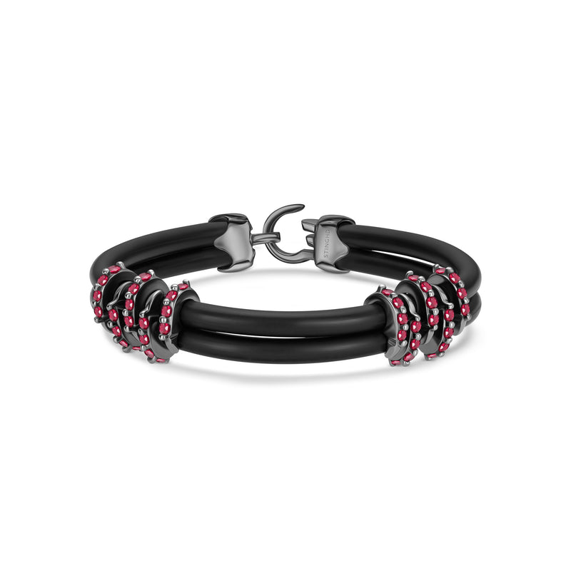 B453 Black Platinum & Ruby Claw Wrapped Rubber Bracelet