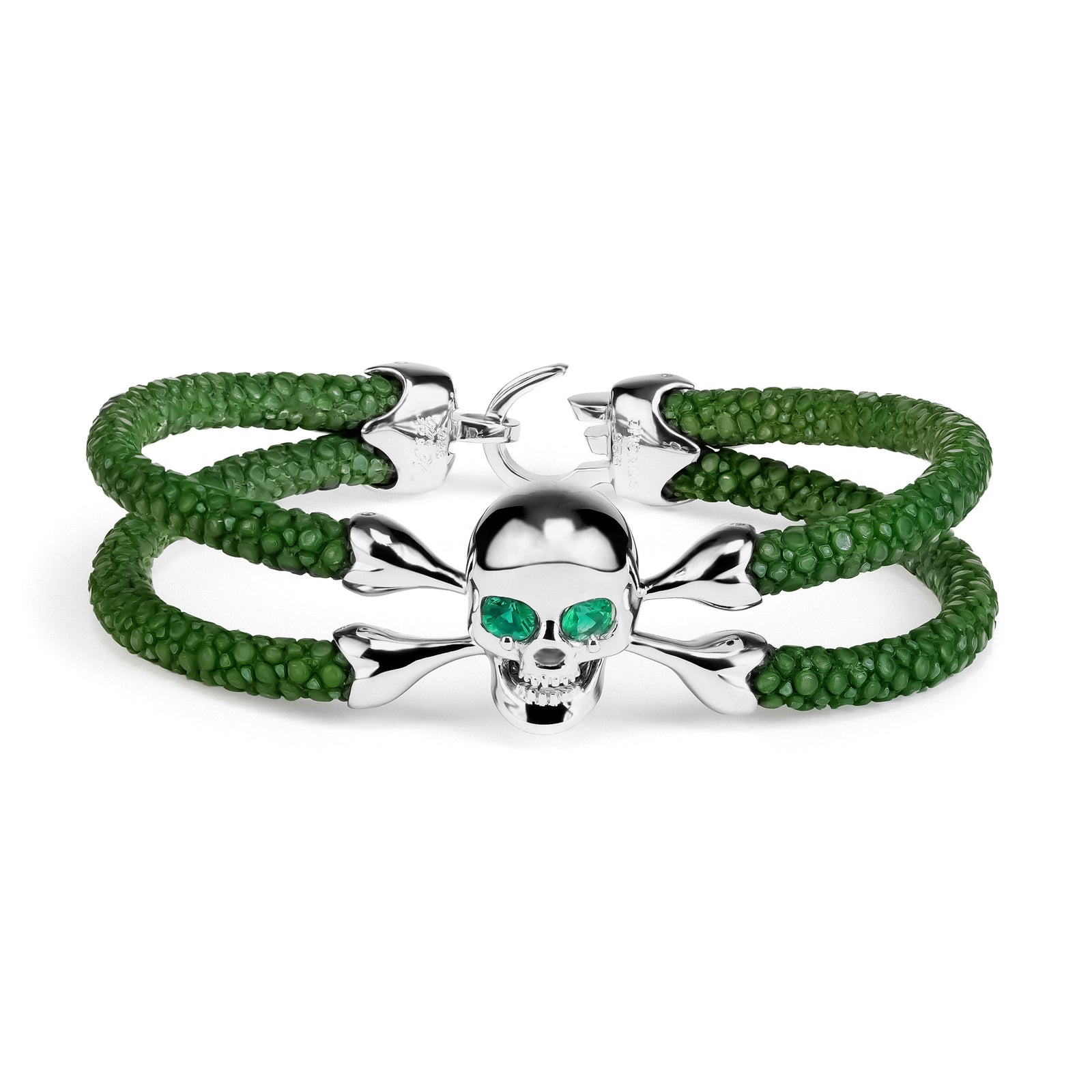 B430 Silver Skull with Emerald Eyes on Green Stingray | StingHD