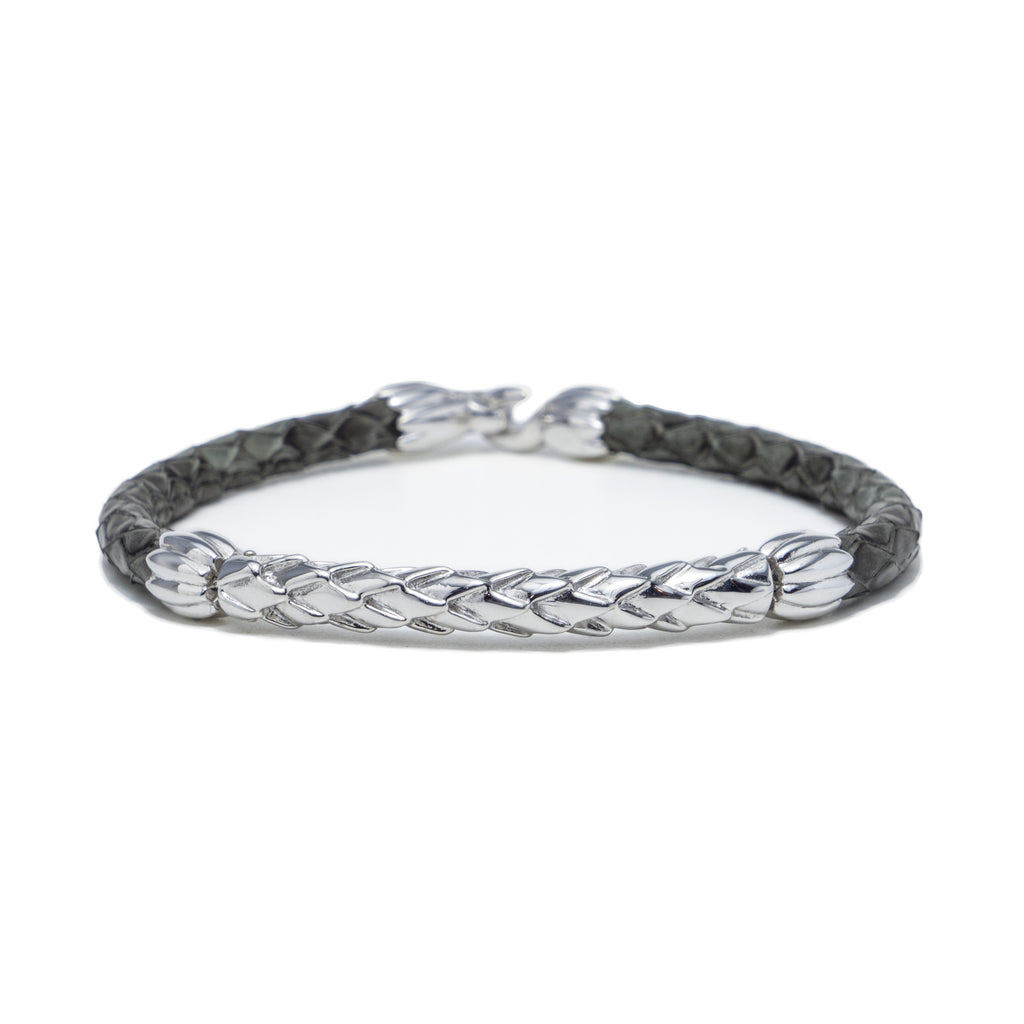 Gray Soft Python Snake Leather Bracelet with Hinged Polished